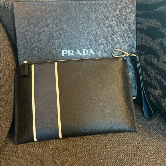 Prada Black and Blue Saffiano Colorblock Leather Steiped Pouch - Picture 5 of 6